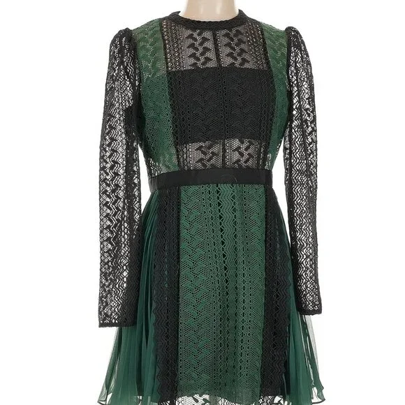 Self-Portrait Round Neck Zip Up Green And Black Lace Mini Dress - Size 2 - Picture 1 of 3